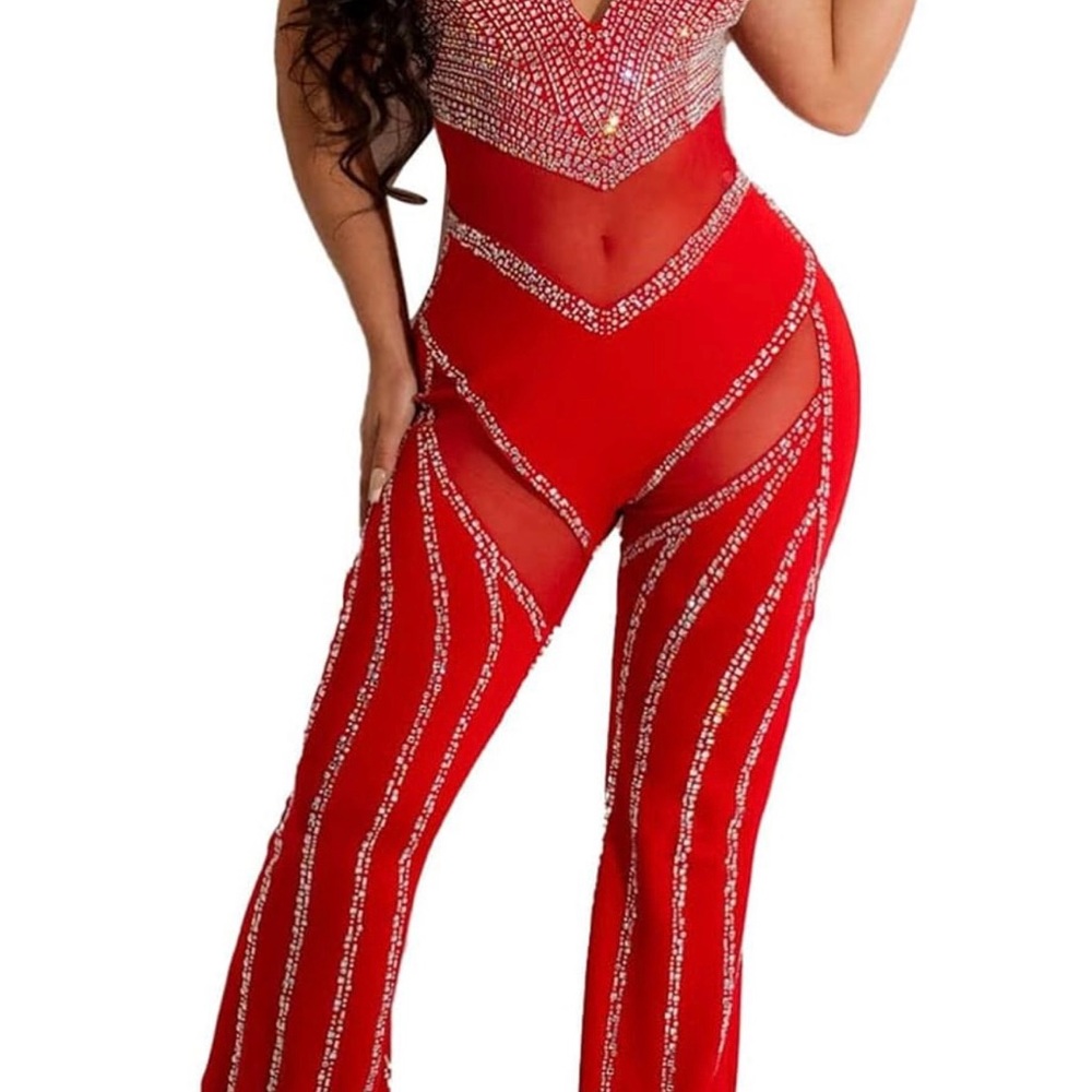 Red rhinestone embellishment jumpsuit, size medium. Boutique brand.